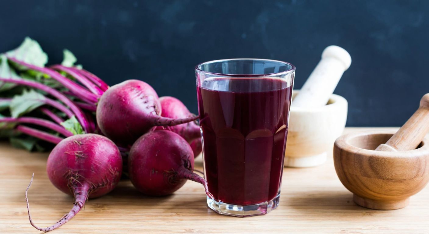 A rustic wooden table in a Turkish kitchen holds a glass of deep red şalgam juice next to fresh purple turnips and vibrant red beets, with a mortar and pestle nearby.