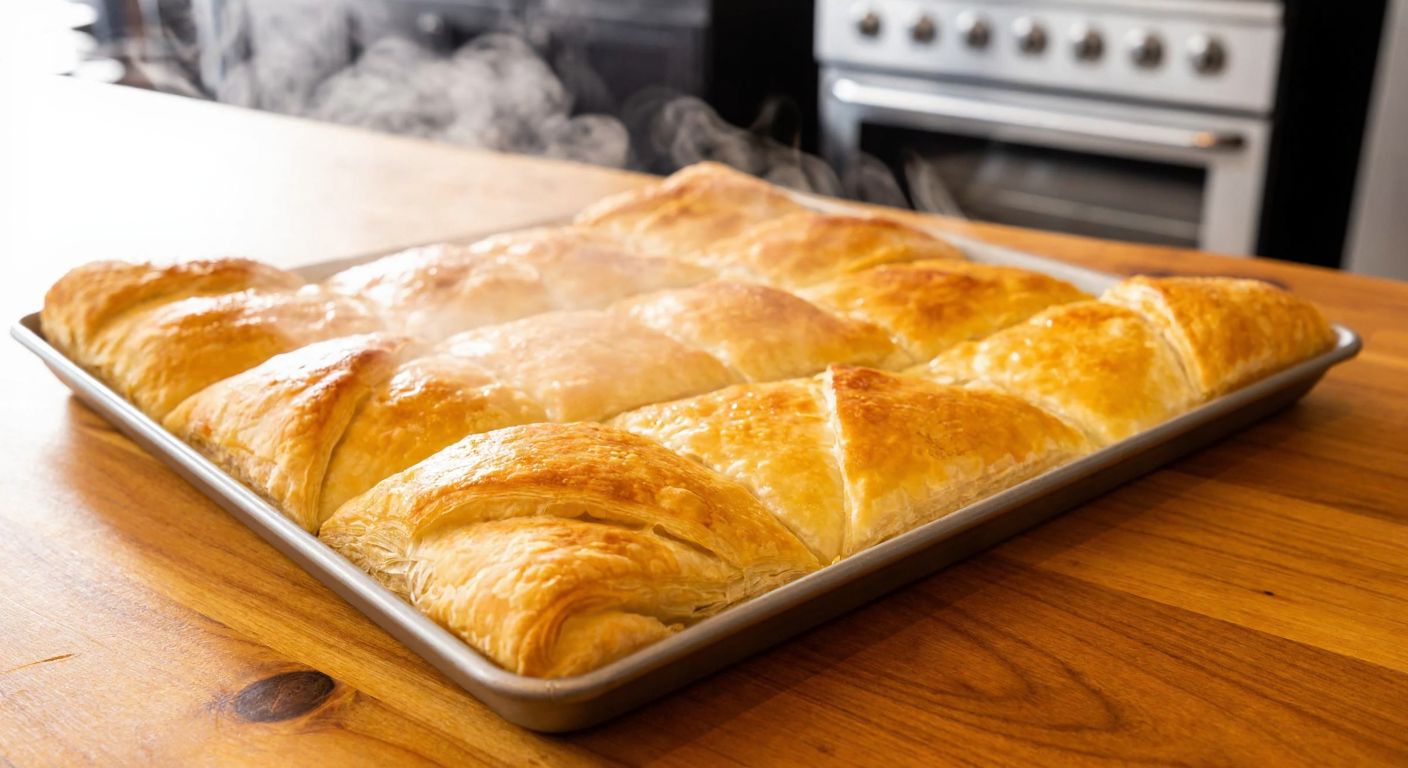 A golden-brown tray of flaky Bülent Börek, freshly baked and cut into 25-30 triangular slices, resting on a wooden table in a cozy Turkish kitchen with steam rising.