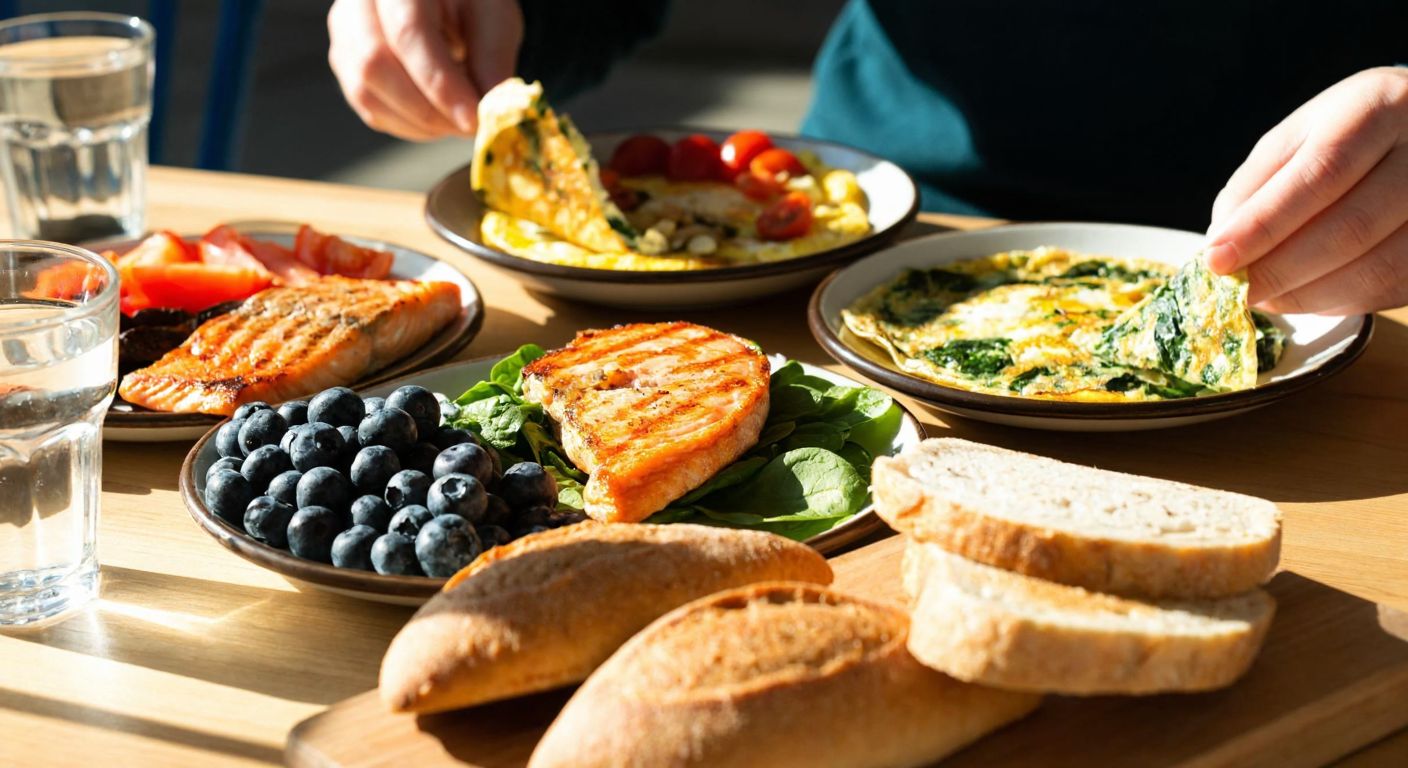 A vibrant Turkish breakfast spread featuring grilled salmon, walnuts, fresh blueberries, a spinach omelette, whole-grain bread, and a glass of water, arranged on a sunlit wooden table with a person's hands reaching in to take a bite.