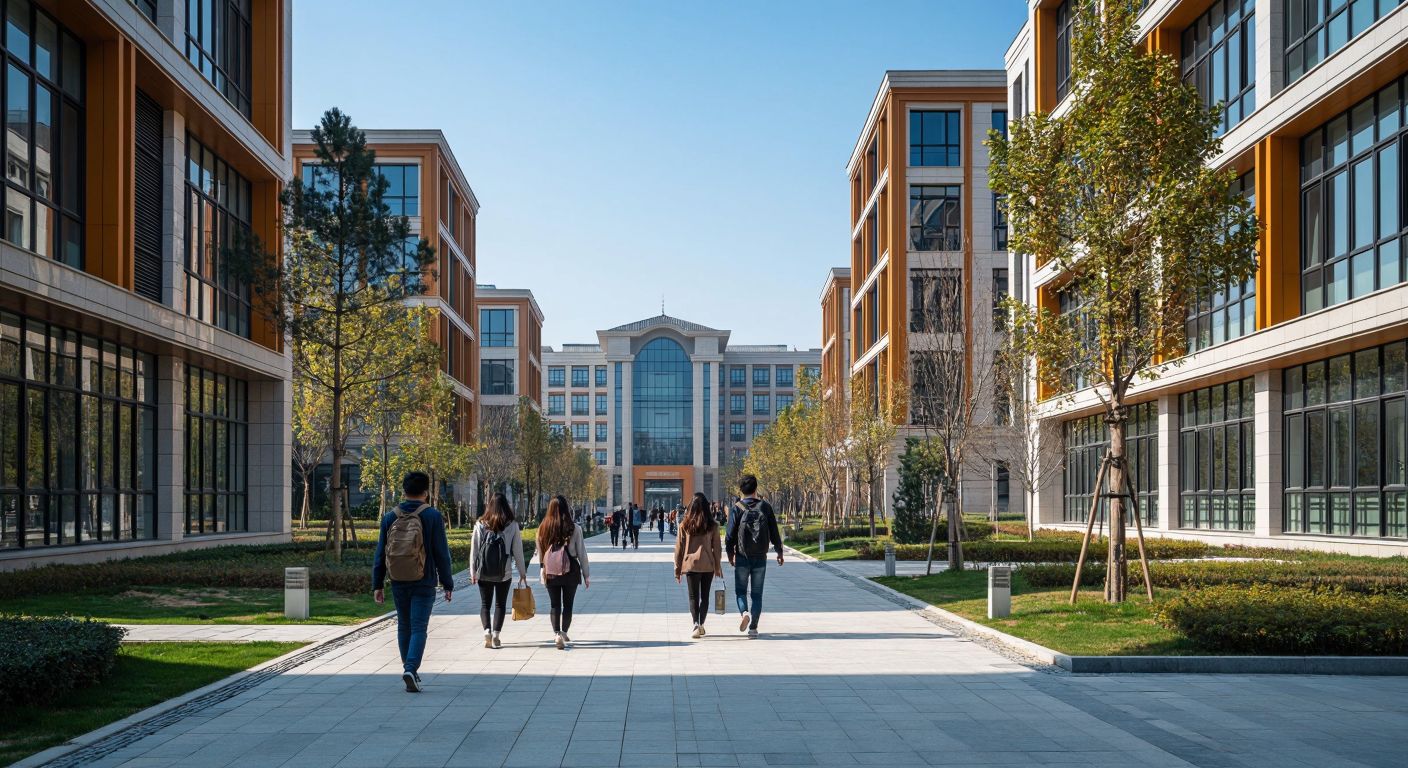 A modern university campus in Shanghai with students walking between buildings, contrasted with a simple Turkish landscape featuring a small educational institution under a clear blue sky.