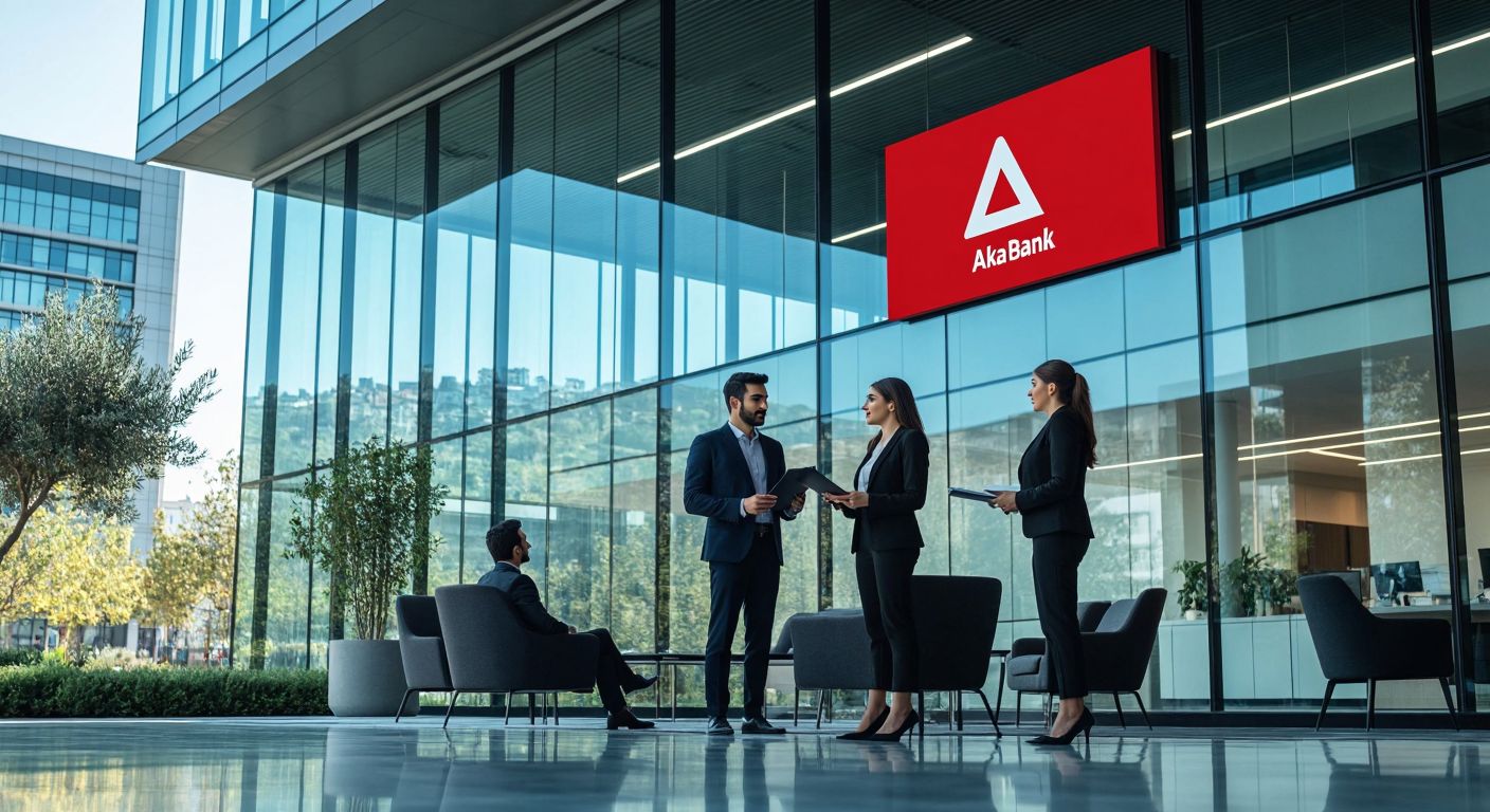 A modern Turkish office setting with a sleek glass building, professionals in business attire discussing financial documents, and the Akbank logo subtly displayed in the background.