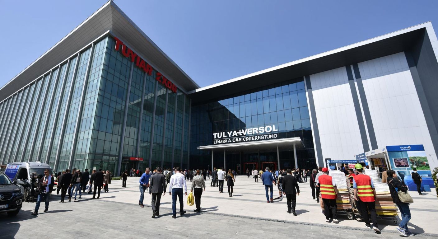 Two distinct modern convention centers in Istanbul, one with TÜYAP's sleek glass facade and the other with CNR Expo's bustling entrance, separated by a busy street with people carrying exhibition materials.
