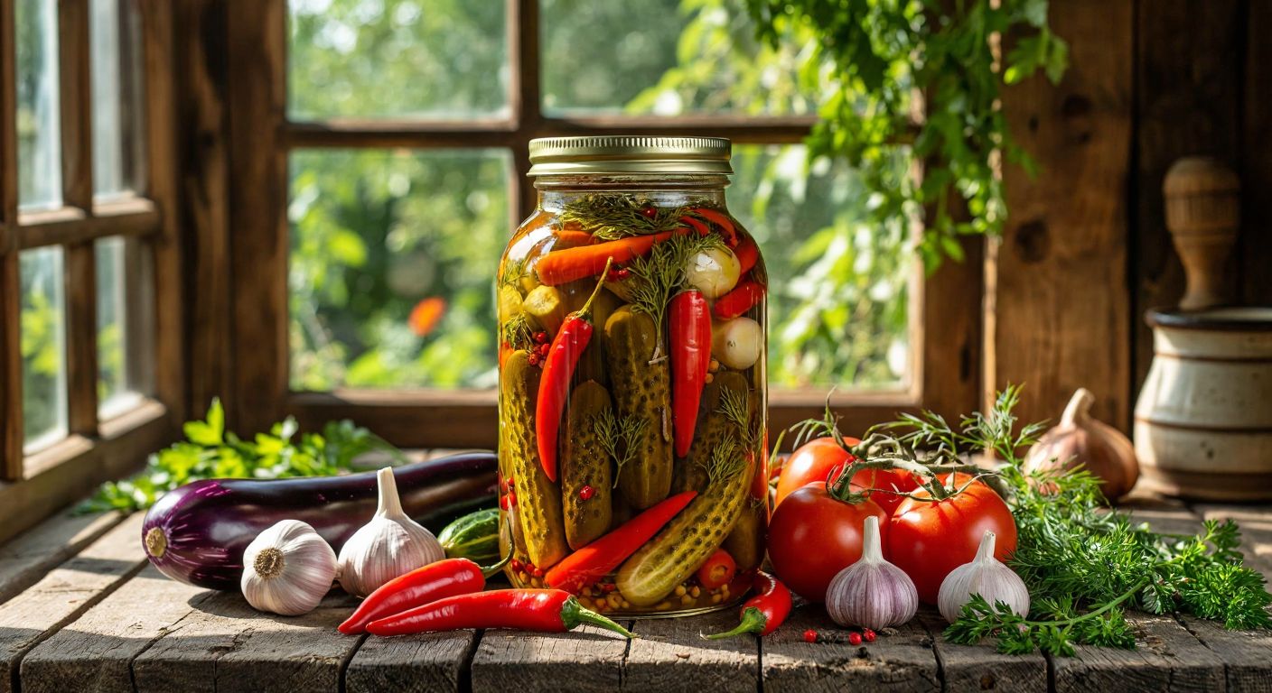 A rustic wooden table in a sunlit Turkish kitchen holds a large glass jar filled with vibrant Çubuk pickles—crisp cucumbers, red peppers, garlic cloves, and dill sprigs floating in golden brine, surrounded by fresh vegetables like tomatoes, eggplants, and carrots.