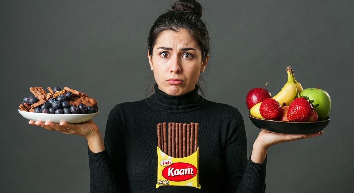 A Turkish woman hesitantly holding a package of Eti Karam chocolate sticks while a scale tips toward unhealthy snacks on one side and fresh fruits on the other, with a concerned expression on her face.