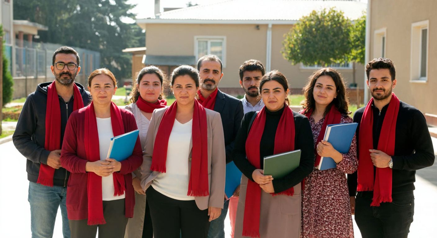 A group of diverse teachers in Turkey, wearing red scarves and holding books, standing together in a sunlit school courtyard with determined expressions.