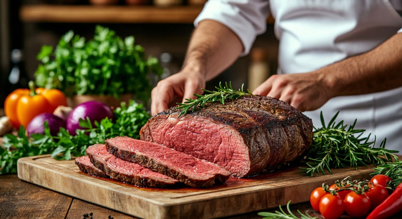 A succulent slice of rosy roast beef resting on a wooden cutting board, surrounded by fresh herbs and vibrant vegetables, with a Turkish chef in a white apron smiling as they carefully prepare the dish.