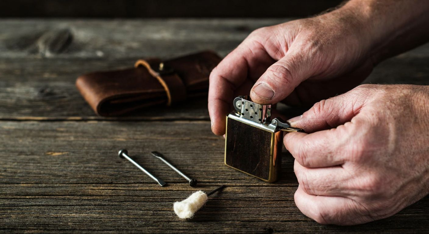 A close-up of weathered hands carefully replacing the frayed wick of a Zippo lighter, with cotton, flint, and a small screwdriver neatly arranged on a rustic wooden table.