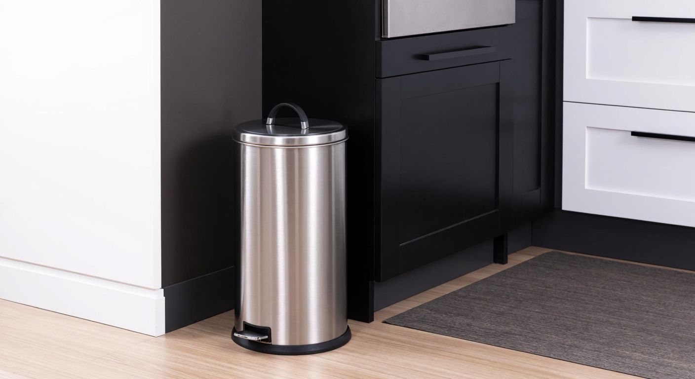 A modern Turkish kitchen with a stainless steel trash bin featuring a pedal-operated lid, a sleek design matching the decor, and a removable inner bucket for easy cleaning.