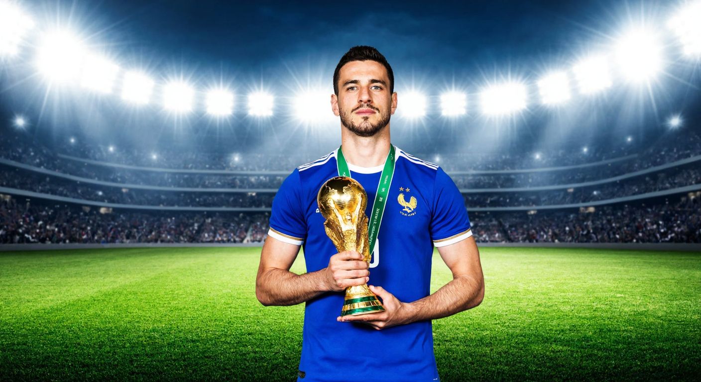 A confident football player in a blue jersey stands on a lush green field, holding a golden trophy while a crowd cheers in the background under bright stadium lights.