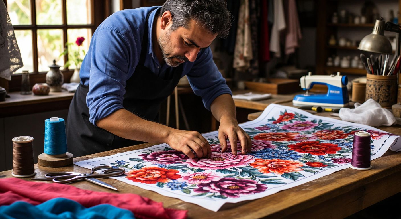 A skilled Turkish tailor with focused eyes carefully pins a paper pattern onto vibrant floral fabric spread across a wooden worktable, surrounded by scissors, spools of thread, and an iron.