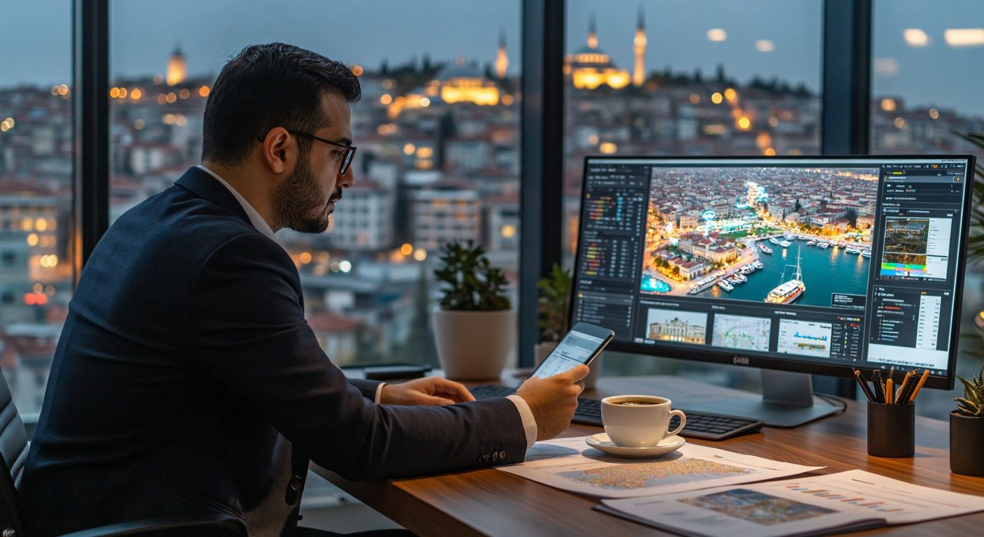 A confident Turkish investor in a modern office analyzes a vibrant digital map of Istanbul neighborhoods, surrounded by property reports and a steaming cup of Turkish coffee.