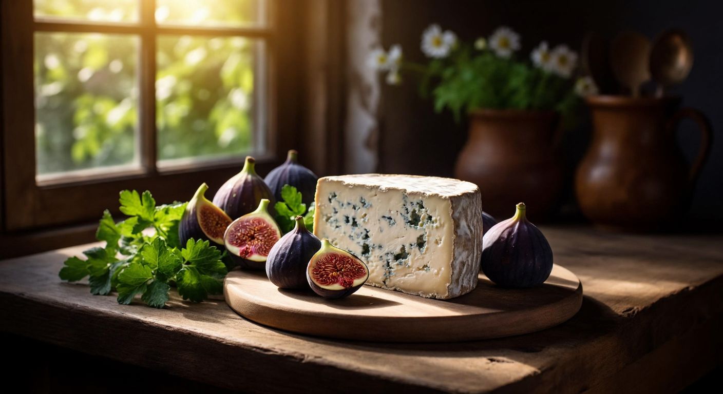 A rustic wooden table in a Turkish kitchen holds a wedge of creamy blue-veined Roquefort cheese beside fresh figs and walnuts, with warm sunlight streaming through a window.