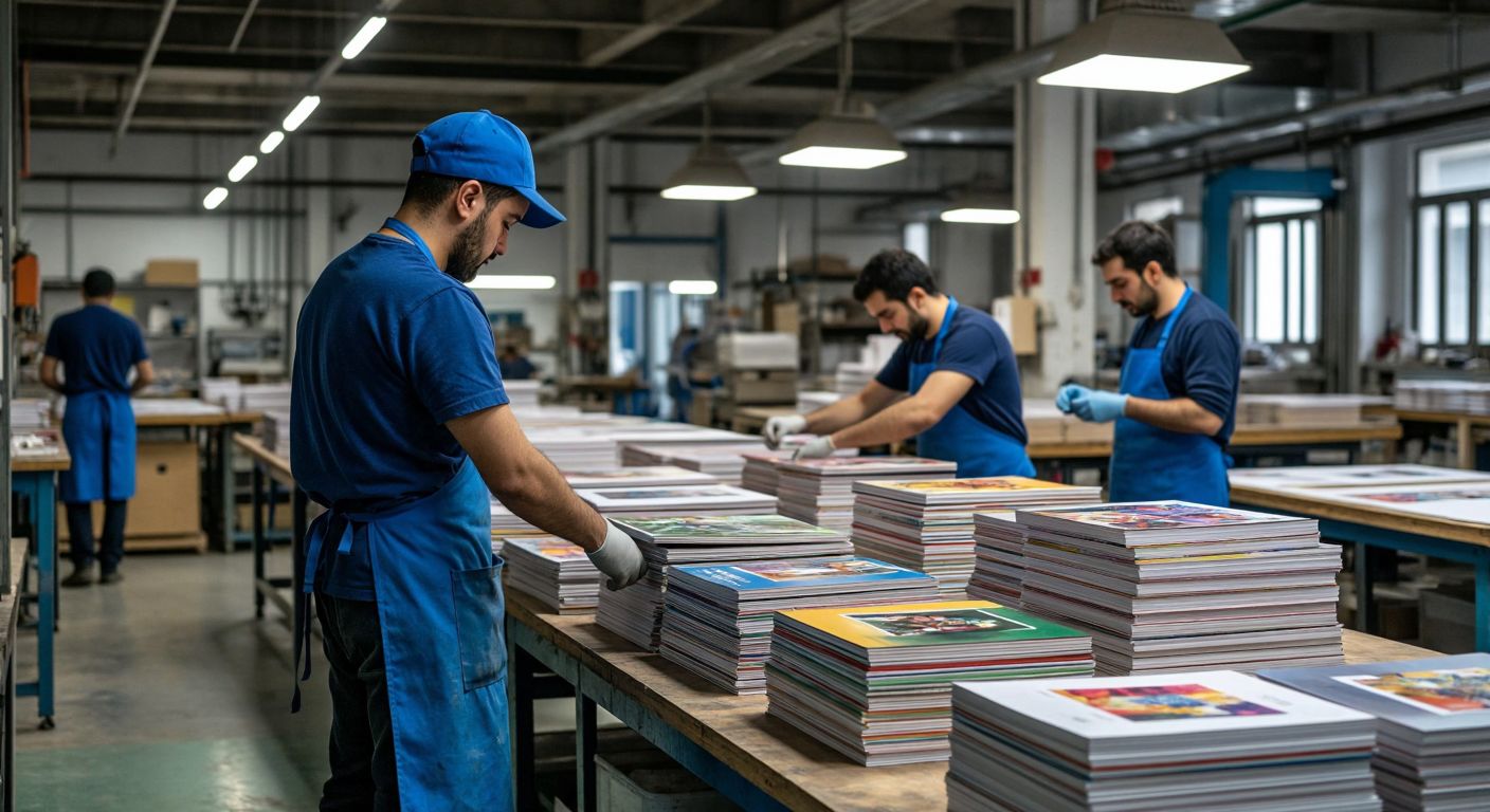 A busy Turkish printing workshop with workers in blue aprons carefully assembling colorful promotional agendas, stacks of freshly printed pages on wooden tables, and a foreman checking a sample under warm industrial lighting.