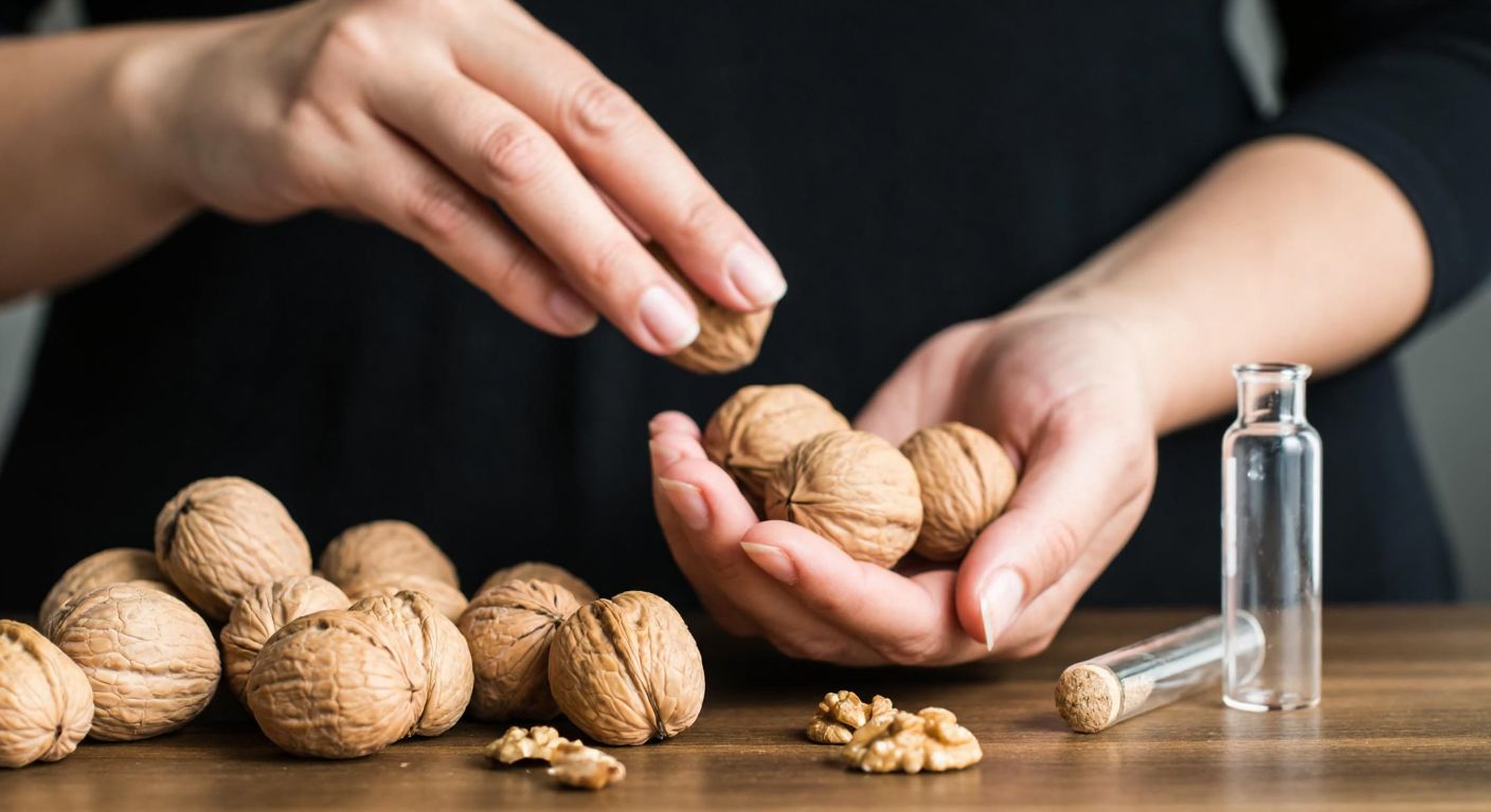 A close-up of a Turkish woman in a kitchen carefully inspecting a handful of walnuts, some with dark spots and mold, while a small laboratory test tube sits nearby on a wooden table.