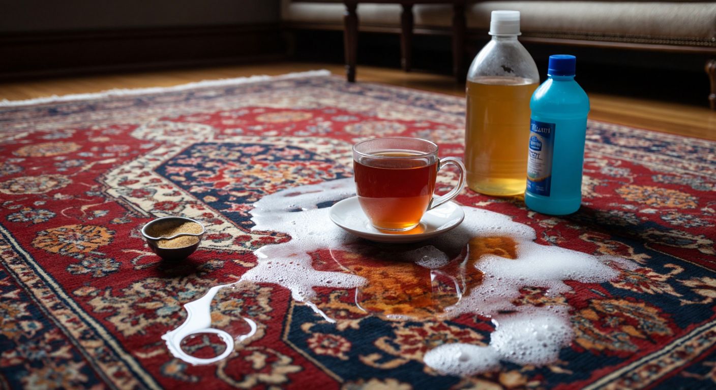A richly patterned Turkish carpet stained with spilled tea, emitting a faint, bittersweet aroma, surrounded by scattered baking soda and vinegar bottles for cleaning.