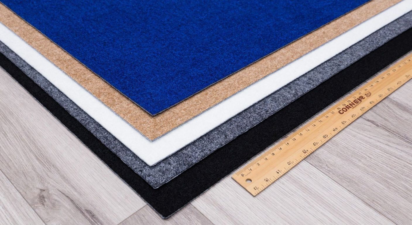 A neatly arranged stack of square and rectangular carpet tiles in various sizes (50x50 cm, 60x60 cm, 100x100 cm, 25x100 cm) on a wooden floor in a Turkish home renovation setting, with a measuring tape nearby.