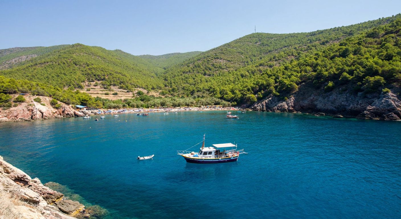 A serene Turkish coastal bay with clear blue water, surrounded by green hills, where a small fishing boat floats near rocky shores, symbolizing protected natural areas unsuitable for fish farms.