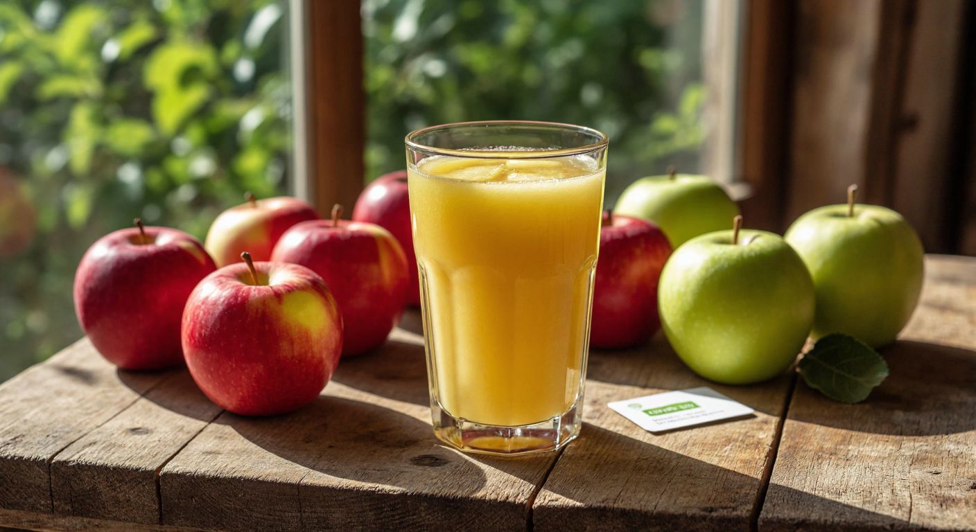 A glass of fresh, golden-green sour apple juice sits on a rustic wooden table in a sunlit Turkish kitchen, surrounded by crisp red and green apples, with a small nutrition label subtly placed nearby.