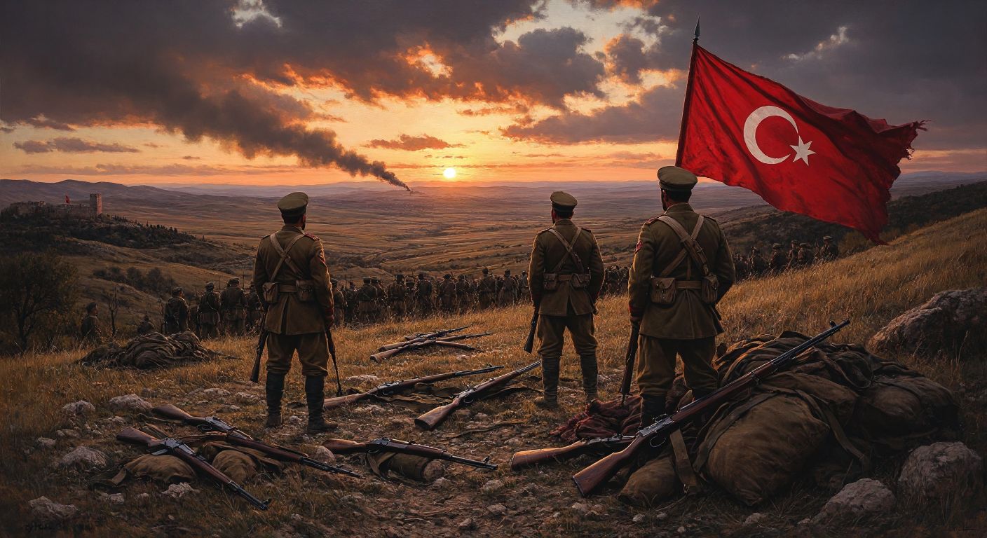 A solemn battlefield at dawn, with Turkish soldiers in worn uniforms standing amidst scattered rifles and a tattered flag, their faces weary yet resolute, overlooking the rolling Anatolian plains.