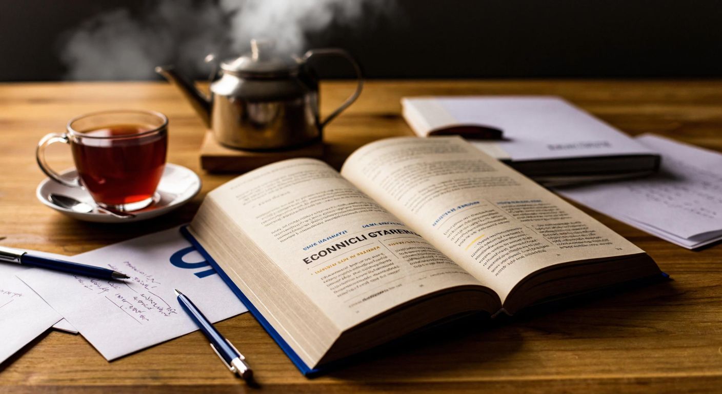 A well-worn economics textbook with a Turkish author's name on the spine lies open on a wooden desk, surrounded by a steaming cup of çay and scattered notes, conveying focused academic study.