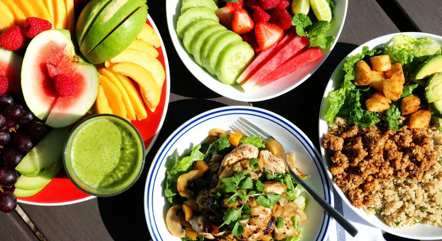 A vibrant tabletop spread with a colorful fruit platter, grilled chicken salad, a green smoothie, and a bowl of quinoa stir-fry, arranged neatly on a wooden surface with natural sunlight filtering through.