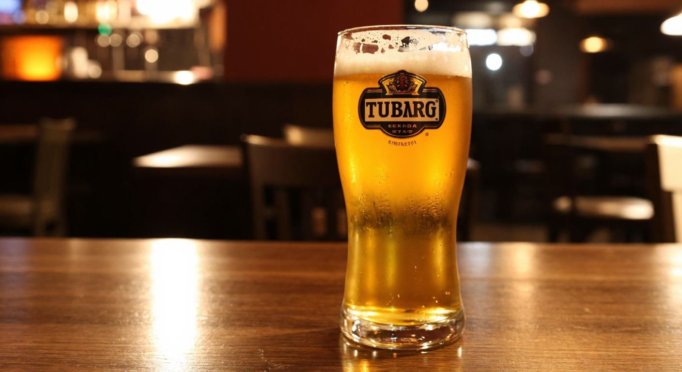 A frosty glass of golden Tuborg Ekstra beer resting on a wooden table in a dimly lit Turkish pub, with condensation dripping down the glass and a faint foam layer on top.