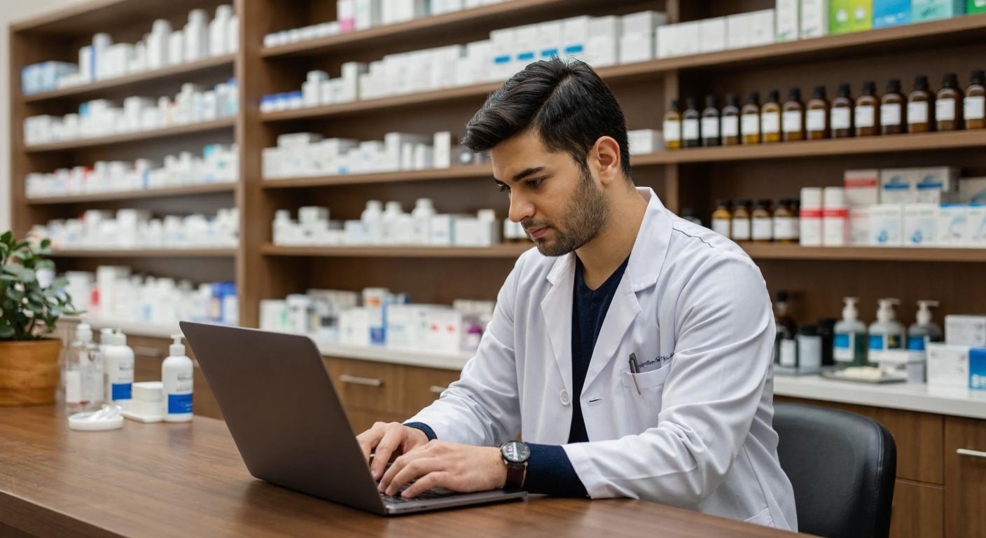 A focused young pharmacist in a white coat sits at a wooden desk in a modern Turkish pharmacy, carefully filling out an online job application form on a laptop, with shelves of medicine and herbal remedies in the background.