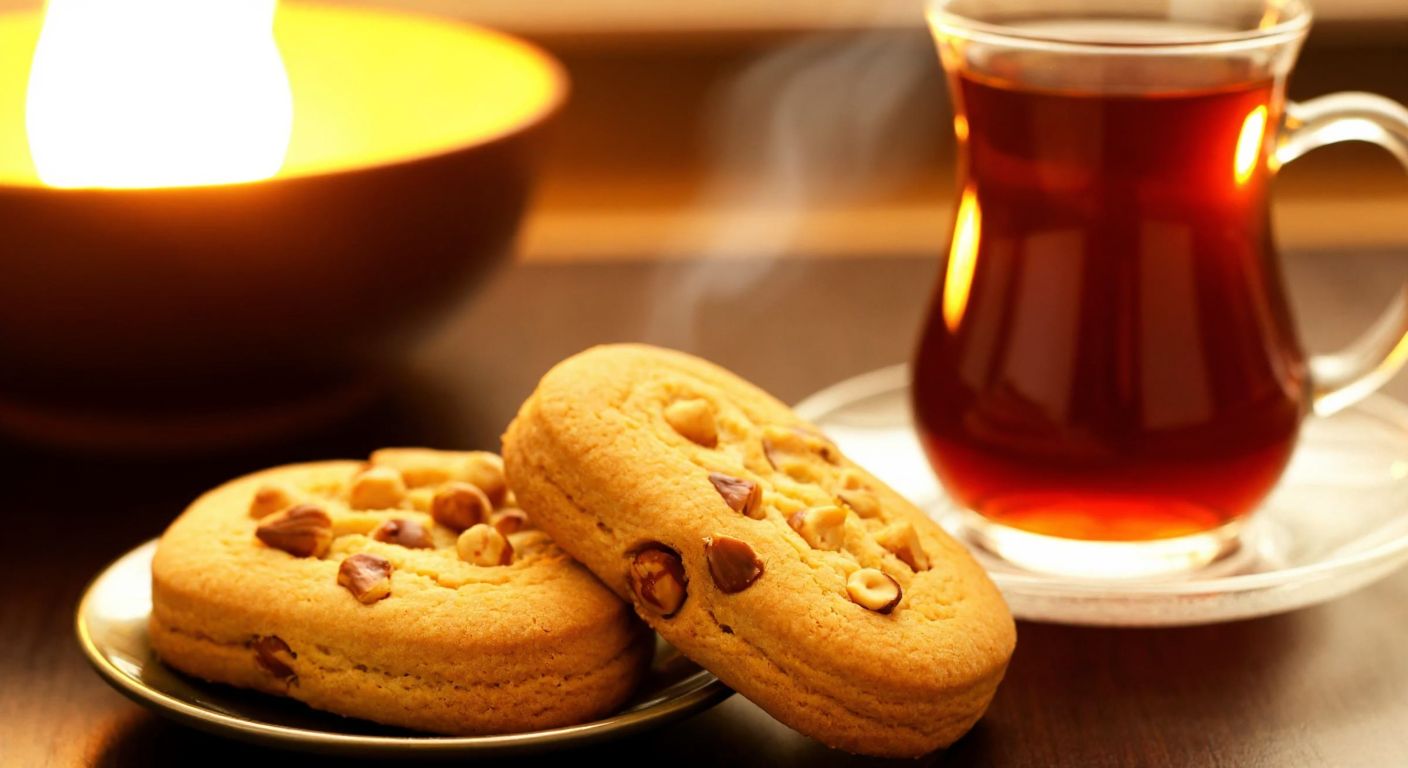 A close-up of a golden-brown Eti Çay Keyfi biscuit with visible hazelnut pieces, placed on a small plate beside a steaming glass of Turkish tea, with a warm, inviting glow from a nearby light.