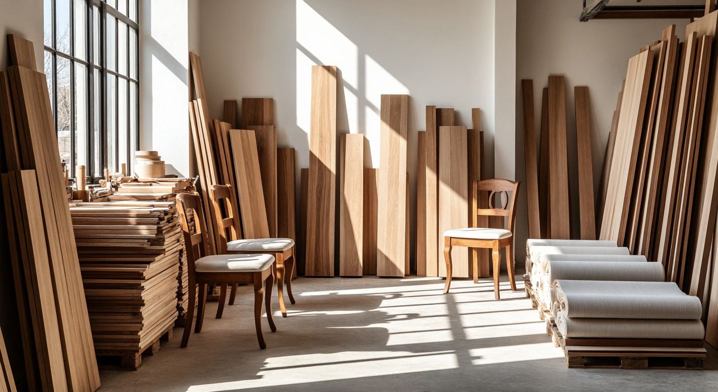 A sunlit Turkish carpentry workshop with stacks of oak and walnut wood planks, rolls of cotton fabric, and metal rods neatly arranged beside half-finished wooden chairs with curved legs and upholstered seats.