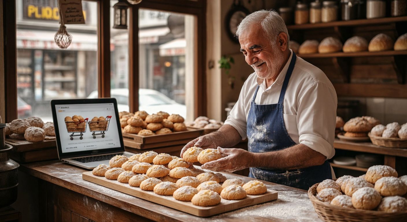 A warm, flour-dusted Turkish grandfather in a cozy bakery smiles while carefully arranging golden, flaky *kavala kurabiyesi* cookies on a wooden tray, with a laptop open on the counter showing a colorful shopping cart.