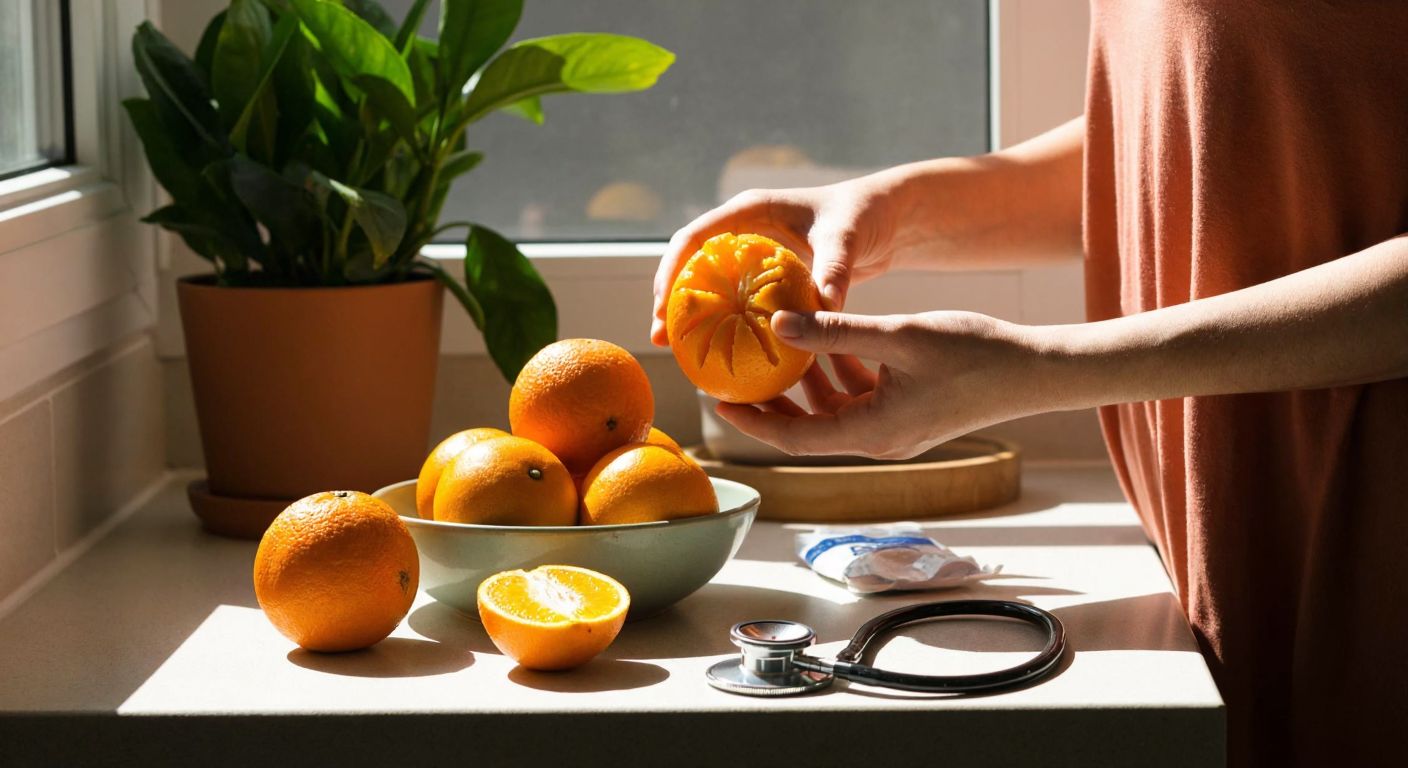 A vibrant orange being peeled by a Turkish woman in a sunlit kitchen, with a bowl of fresh oranges and a stethoscope resting nearby, symbolizing health and nutrition.