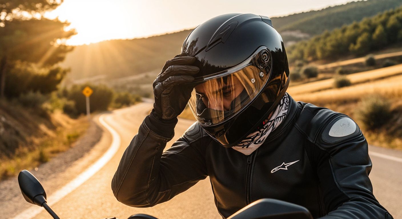 A motorcyclist in a sleek black helmet adjusts a thin, stretchy balaclava over their head, with a folded buff resting on their lap against the backdrop of a sunlit Turkish countryside road.