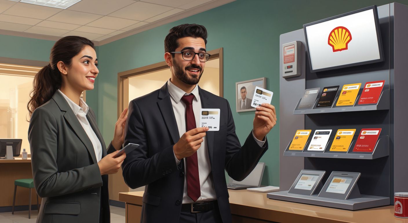 A puzzled Turkish man in a bank setting holds up a sleek silver debit card while a friendly bank employee gestures toward a display of different card options, including a fuel card with a Shell logo.