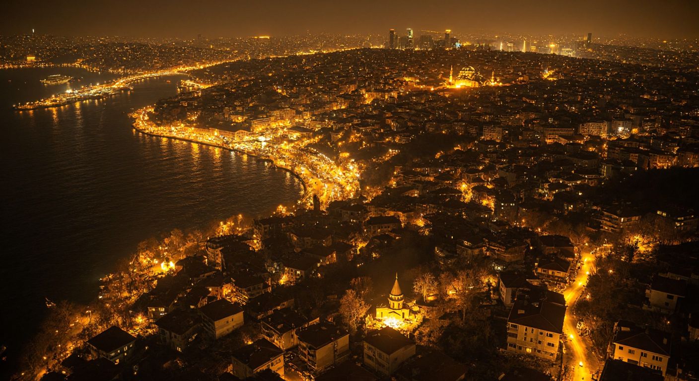 A glowing satellite view of Istanbul at night, with clusters of golden city lights contrasting against dark patches of unlit areas, while a team of rescuers with headlamps works below in a disaster-struck neighborhood.