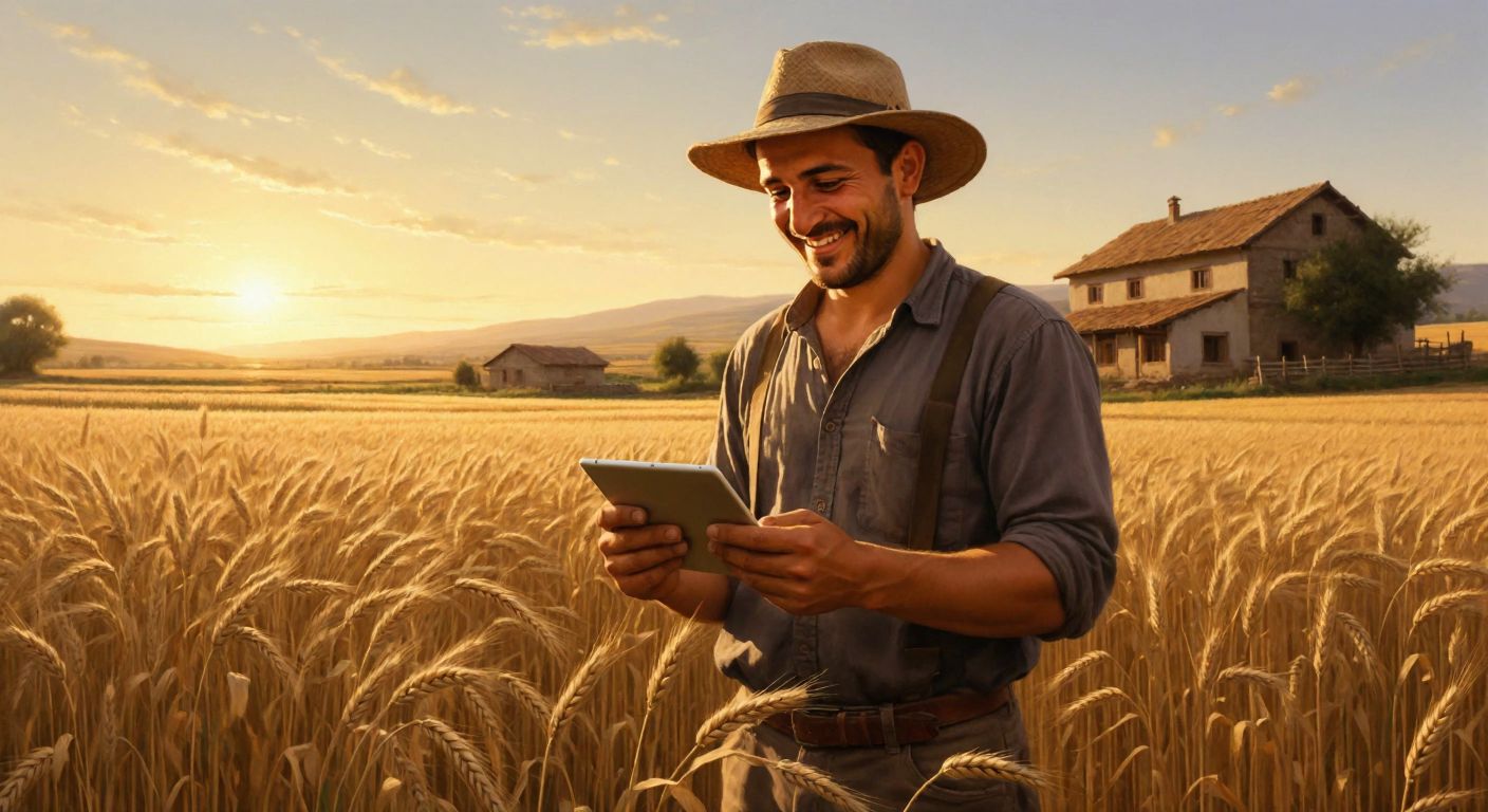 A smiling Turkish farmer in a sunlit wheat field checks a tablet while holding a sheaf of golden wheat, with a cooperative building visible in the background.