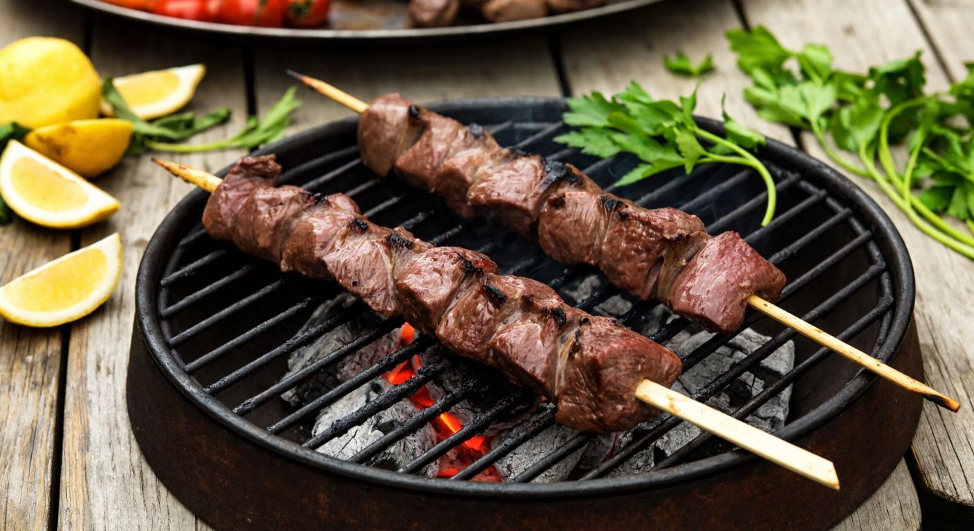 A sizzling skewer of marinated lamb liver grilling over glowing charcoal, surrounded by fresh herbs and slices of lemon on a rustic wooden table in a Turkish garden.