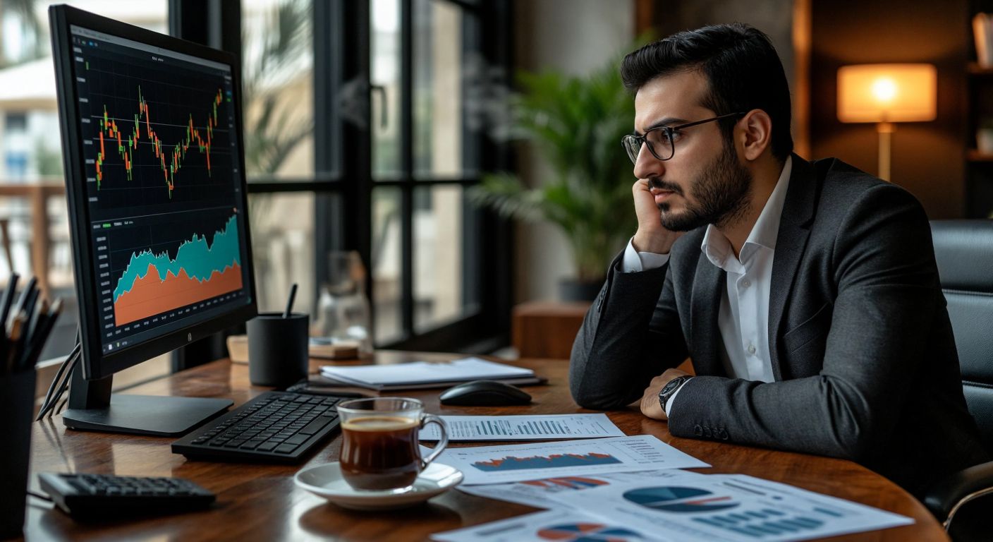 A Turkish investor in a modern office gazes intently at a stock market graph on a monitor, with a steaming cup of Turkish coffee and scattered financial reports on the desk, reflecting cautious optimism.