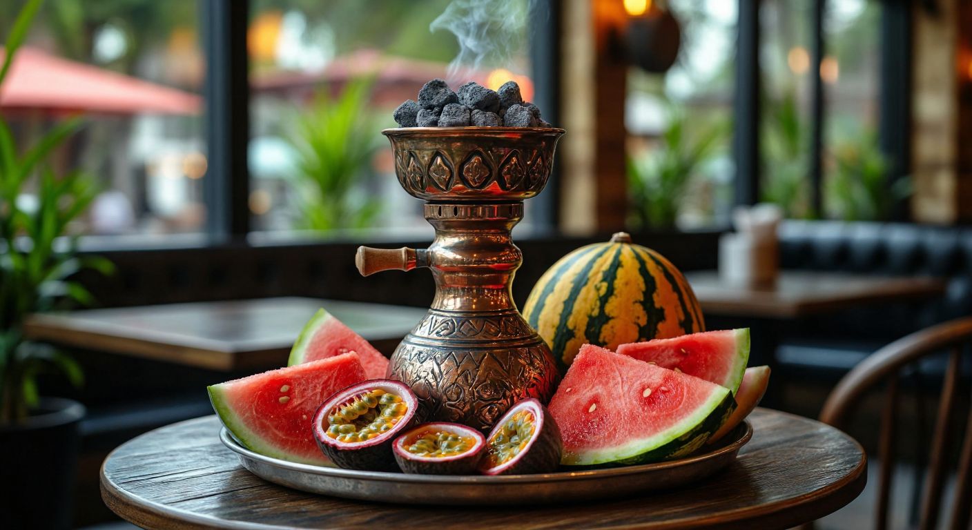 A traditional Turkish nargile with a glowing coal atop, surrounded by slices of juicy watermelon, passion fruit halves, and citrus slices, evoking a sweet, tangy, and refreshing aroma in a cozy café setting.