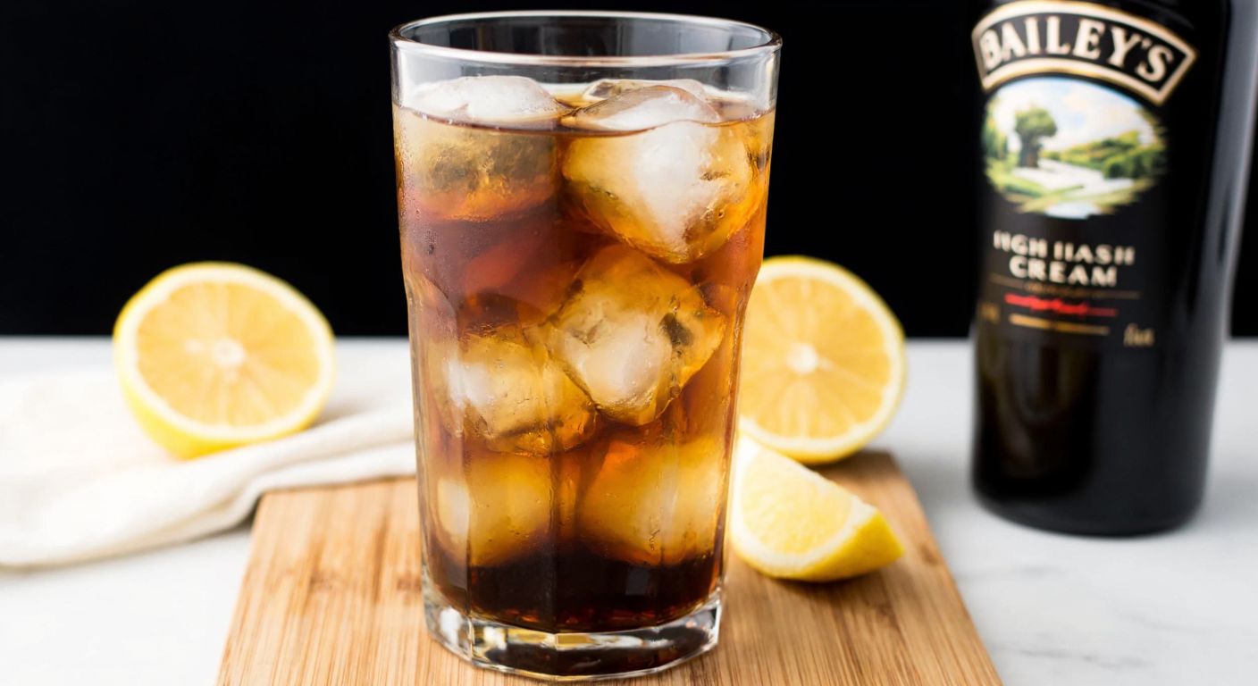 A tall glass filled with amber whiskey and cola over ice cubes, resting on a wooden table with a slice of lemon and a bottle of Bailey’s Irish Cream in the background.