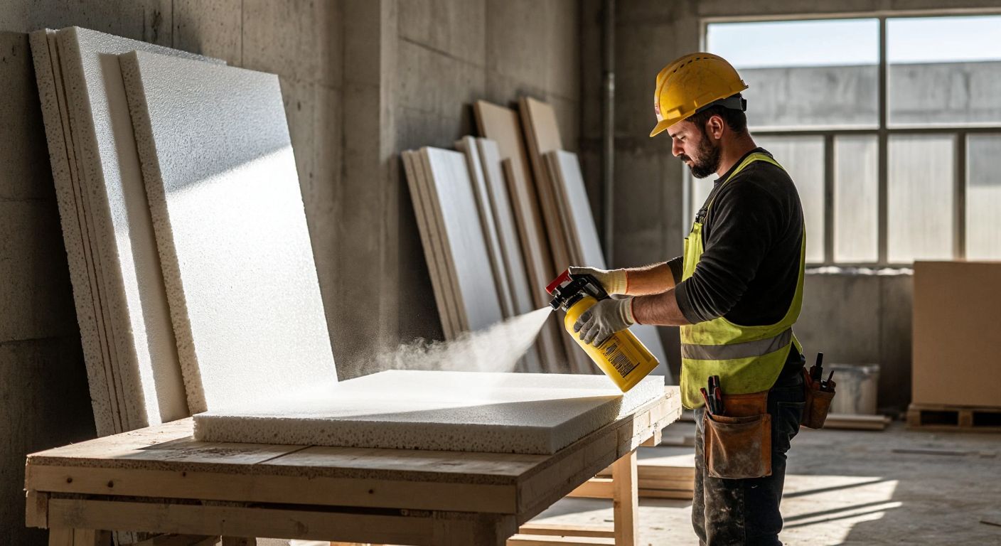 A construction worker in a hard hat holds a bright yellow spray foam canister, applying expanding foam to a wooden surface in a sunlit Turkish workshop, with stacks of styrofoam panels leaning against a concrete wall.