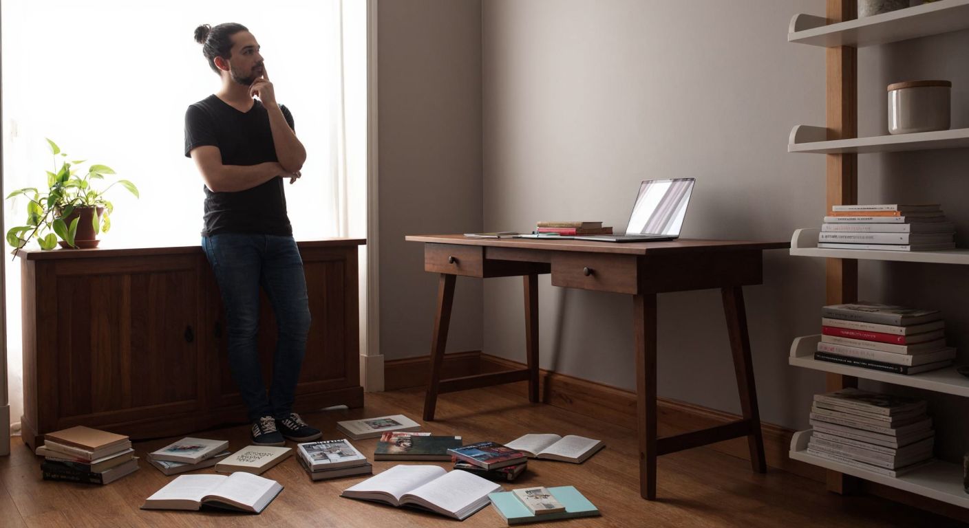 A person with a thoughtful expression stands beside a 90 cm wooden desk in a cozy Turkish home, surrounded by scattered books and a laptop, evaluating its suitability for their needs.