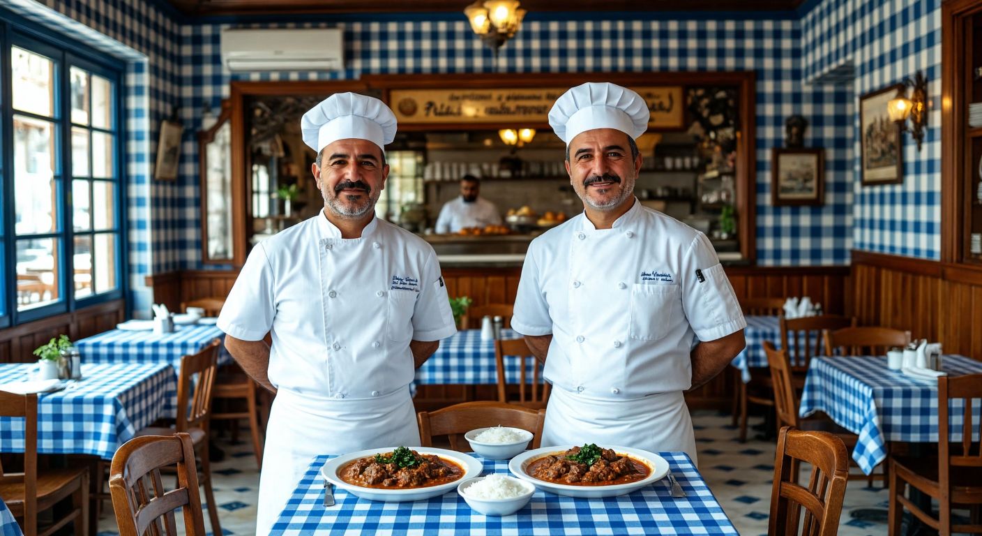 Two middle-aged Turkish brothers in white chef uniforms stand proudly in front of a traditional lokanta with blue-and-white checkered tablecloths, wooden chairs, and steaming plates of hünkar beğendi on the tables.
