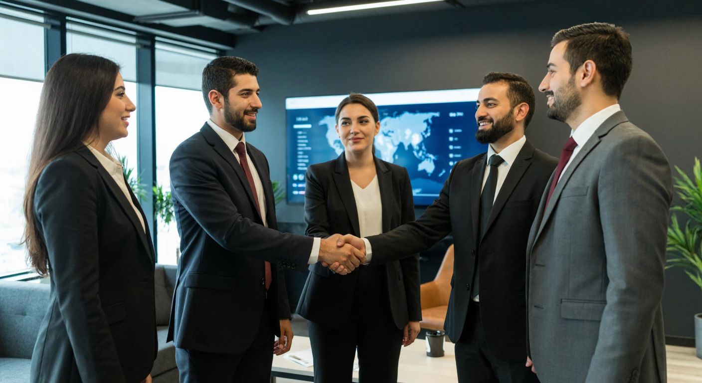 A group of Turkish businesspeople in formal attire shaking hands in a modern office, with a digital marketplace interface glowing faintly on a monitor in the background.