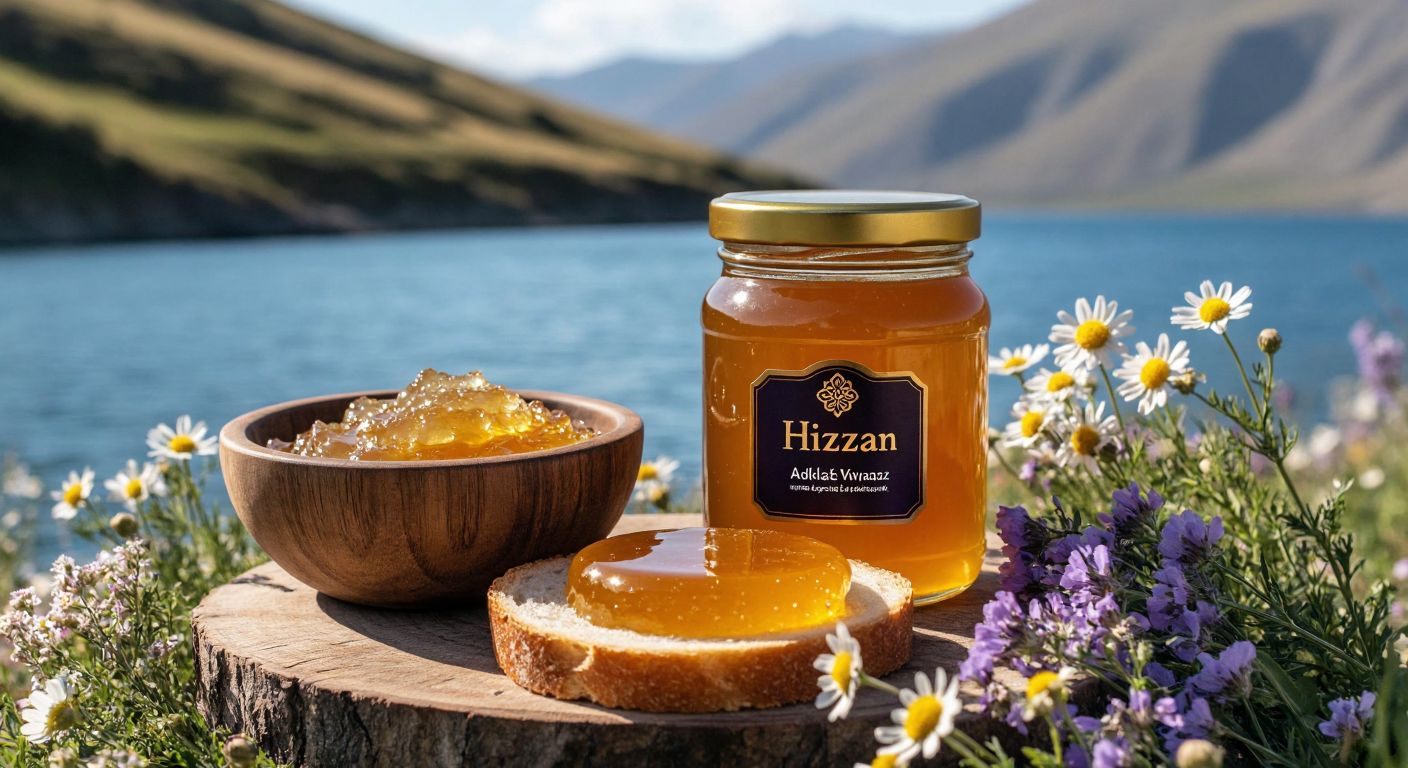 A golden jar of **Hizan honey** with a dark label sits beside a rustic wooden bowl of **Adilcevaz honey** drizzled over a slice of fresh bread, surrounded by wildflowers and Van Lake’s shimmering blue waters in the background.