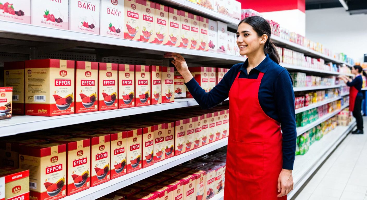 A neatly stacked display of Efor Çay boxes in the bright aisles of a BİM supermarket, with a smiling shopkeeper in a red apron placing another box on the shelf.