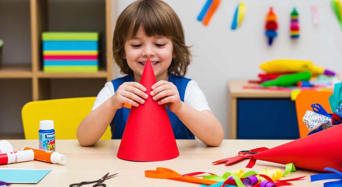A smiling child in a colorful room carefully folds a bright red paper into a party hat, surrounded by scattered craft supplies like scissors, glue, and ribbons.