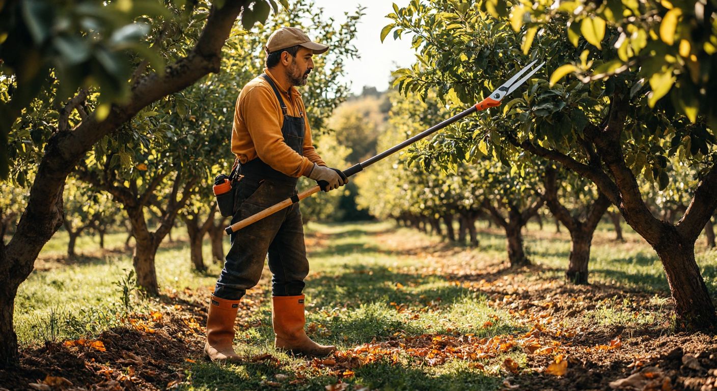 A Turkish gardener in a sunlit orchard extends a telescopic pruning shear to trim high branches on a fruit tree, with fallen leaves scattered around his boots.