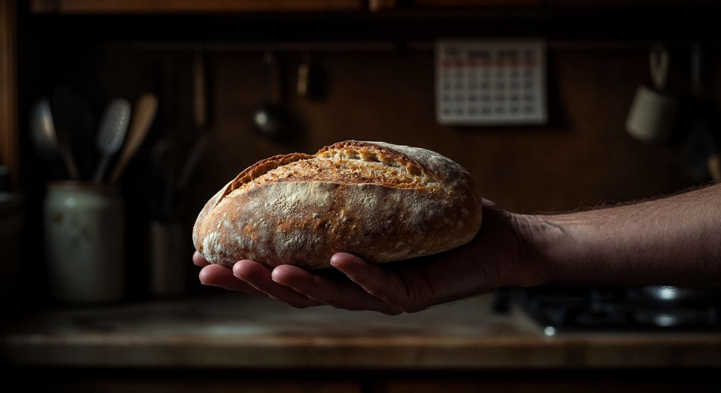 A close-up of a wrinkled hand holding a moldy loaf of bread against a dimly lit kitchen backdrop, with a faded calendar barely visible in the blurry background.