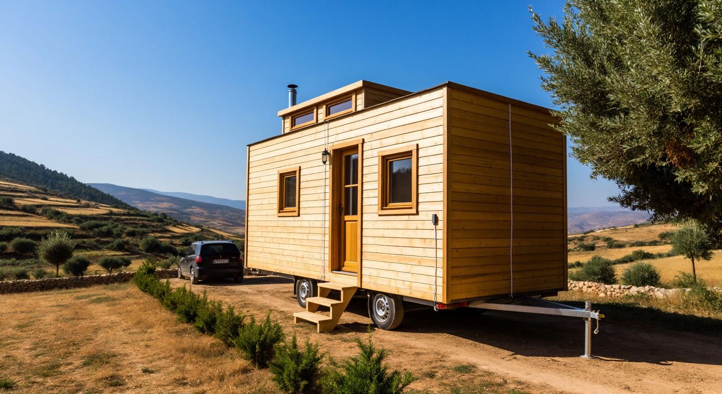 A compact, wooden tiny house on wheels parked in a sunny Turkish countryside, with a measuring tape stretched along its side to show its modest dimensions.