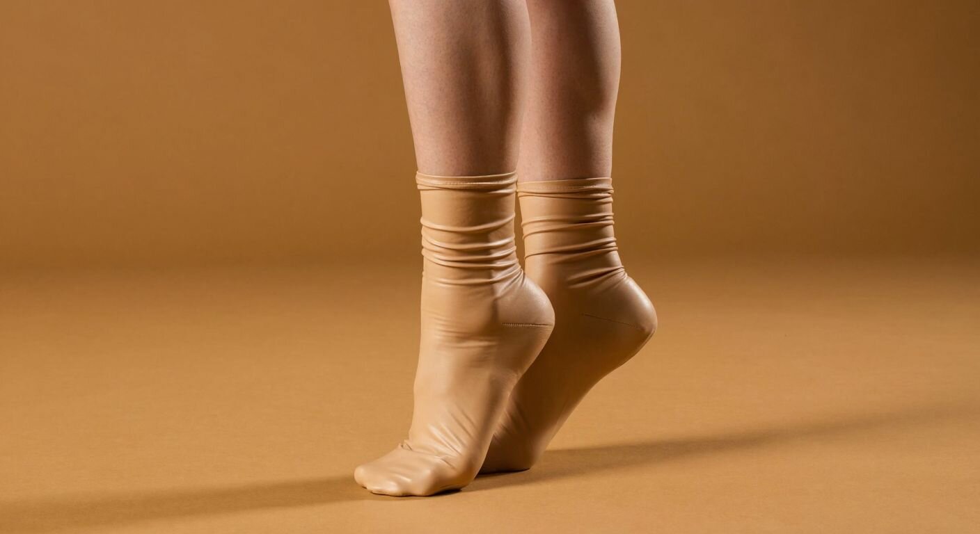 A sleek, form-fitting latex sock snugly wraps around a dancer's foot, highlighting its smooth, wrinkle-free surface and flexibility as they stretch mid-performance.